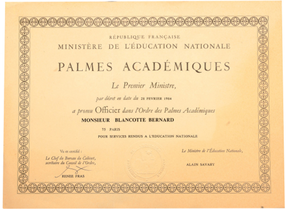 ORDER OF THE ACADEMIC PALMS Diploma for an Officer’s Cross of the Order awarded to a French