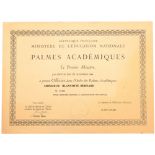 ORDER OF THE ACADEMIC PALMS Diploma for an Officer’s Cross of the Order awarded to a French