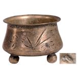 Small silver salt- cellar (salt or spices) 3 feet in balls, form of caldron, fl oral frieze all