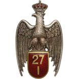 Regimental Badge "27th Infantry Regiment" Breast Badge, Silver, 56x35 mm, one side enameled,
