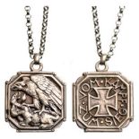 WWI Souvenir Prussia, silvered Medallion with Iron Cross “Vom Kampf zum Sieg”, on a chain. Neck