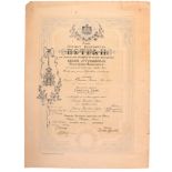 ORDER OF SAINT SAVA Original Diploma for a Knight’s Cross, 5th Class. Printed paper partially