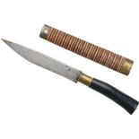 Knife with scabbard, 20th Century Steel blade, wood handle, woos and brass handle wrapped with black
