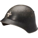 Fireman Helmet, 1950-1980 Made in steel painted black, in front a "Swiss Cross" in nickel. Paint: