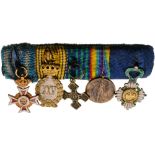 Bar of Miniature Orders (2) and Medals (3) Romania, Order of the Crown, Officer, 2nd Model, Military