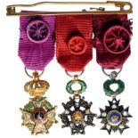 MEDAL BAR WITH 3 LUXURY MINIATURE DECORATIONS Belgium, Officer of the Order of Leopold, France,