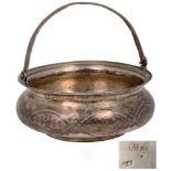 Small silver basket ob base Handle, round paunch with flowery geometrical carving, weight 122 g, 4.5