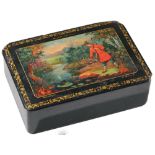 Rectangular case for a deck of playing cards Lacquered wood, scene on the lid signed Sichemkov