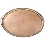 Silver platter of oval format with two lateral handles Decorative border, central engraved