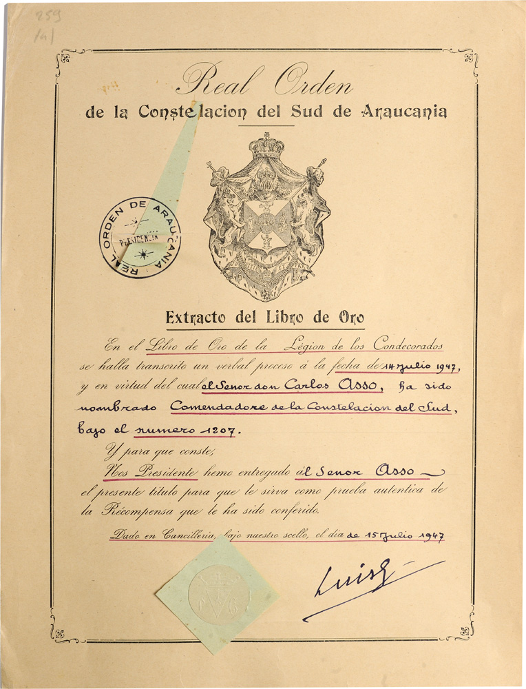 ORDER OF THE CONSTELLATION OF THE SOUTH Commander’s Cross Awarding Documents (2), 322x260 mm,