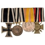 Medal bar with 4 Decorations Prussia, Iron Cross 1914, 2nd Class, Silver, Hohenzollern, Medal for