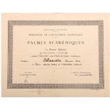 ORDER OF THE ACADEMIC PALMS Diploma for a Knight’s Cross of the Order awarded to a French Offi cial,