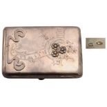 Silver gilt cigarette case Rectangular flat format with rounded corners, opening with red stone