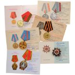 Lot of 6 Decorations Order of the Patriotic War (number erased) with Awarding Document, Medal