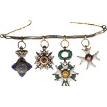 Bar of Miniature Orders (4) Romania, Order of the Star, Knight 's Cross, Silver; Romania, Order of