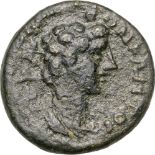 Bust of Synkletos right / Bust of Apollo right. SNG Leypold 361. VF