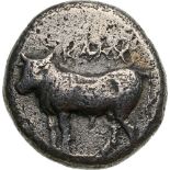 Bull standing left / quadratum incusum. SNG v. Aulock 487-488. VF, rough surfaces