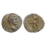 D CLOD SEPT ALBIN CAES bare head right / MINER PACIF COS II Minerva standing left. RIC 7. VF