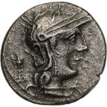 Head of Roma right, tripod behind / Apollo in biga right, M. OPEIMI, in exergue ROMA. Crawford 254/