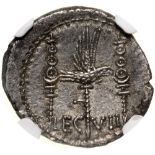 Patrae (?) 32-32 BC. ANT AVG / IIIVIR R P C, galley to right / LEG VII, legionary aquila between two