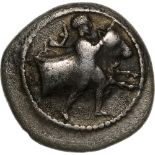 Hero Thessalos and protome of a bull right / Protome of a horse right. BCD Thessaly 1269. VF