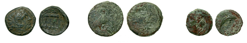 Sicily: Tarent, female head left / dolphin right, Akragas, eagle with serpent / crab, AE 20 of