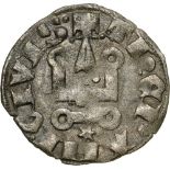 Guy II de la Roche (1287-1308), BI Denaro (18 mm, 1.0 g), Thebes Mint .Cross / church. Metcalf