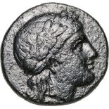 Head of Apollo right / Protome of horse right, Snake, momogram and ATAP in fields. SNG BN 127. RR