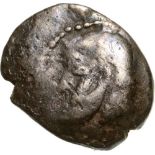 Male head left / corinthian helmet left. SNG MÃ¼nchen 356. VF, dark patina