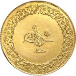 Mahmud V. (AH 1327-1336 / AD 1909-1918), 250 Kurush 1327, regnal year 5. Gold (16.9 g) .KM 757.