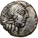 RVF, head of Roma right / dioscuri riding right, Q. MINV, in exergue ROMA. Crawford 277/1. VF