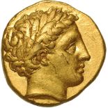 Head of Apollo right / Biga to right, Kantharos. LeRider 53, 23. VF+, scratch on obverse