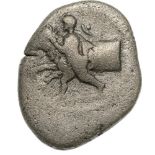 Hero Thessalos and protome of a bull left / Protome of a horse left. BCD Thessaly II, 178. VF-