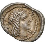 Helmeted head of Athena right / Head right (Apollo ?), Asia Minor Coins online 12731; RRR! XF/VF