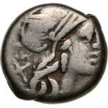 Head of Roma right / Iuno in biga of goats, C. RENI, in exergue ROMA. Crawford 231/1. VF-