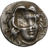 Head of Helios facing slightly right / Rose, magistrate name EYKPATH?. SNG Keckman 559-560. flan