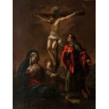 Mexican School.  Circa 1700.↵"Calvary"↵Panel painting, oil on cedarwood.  Signed FraZoa. Fa..↵The