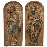 Saint Peter and Saint Paul Pair of carved, gilded and polychromed wooden reliefs. Renaissance.