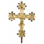 Large, two-sided processional cross made of gilded and chased copper on a wooden core and with sides