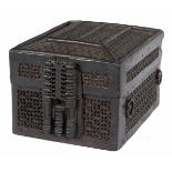 Wrought iron chest with a wooden and cloth core. France os Spain. Gothic. Circa 1500. Large lock,