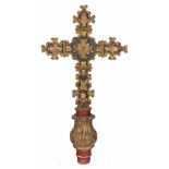 Carved, gilded and polychromed wooden processional cross. 17th century. Sawn edges, all the ends are
