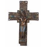 A Romanesque champlevé enamelled and gilt copper cross, with a champlevé enamelled and gilt copper