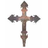 Copper processional cross with light gilt residue. Burgos. Gothic. 14th century. On the front, in