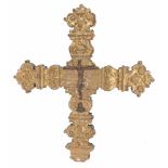 Carved, gilded and painted wooden processional cross. 17th century. Sawn edges, with acanthus leaves