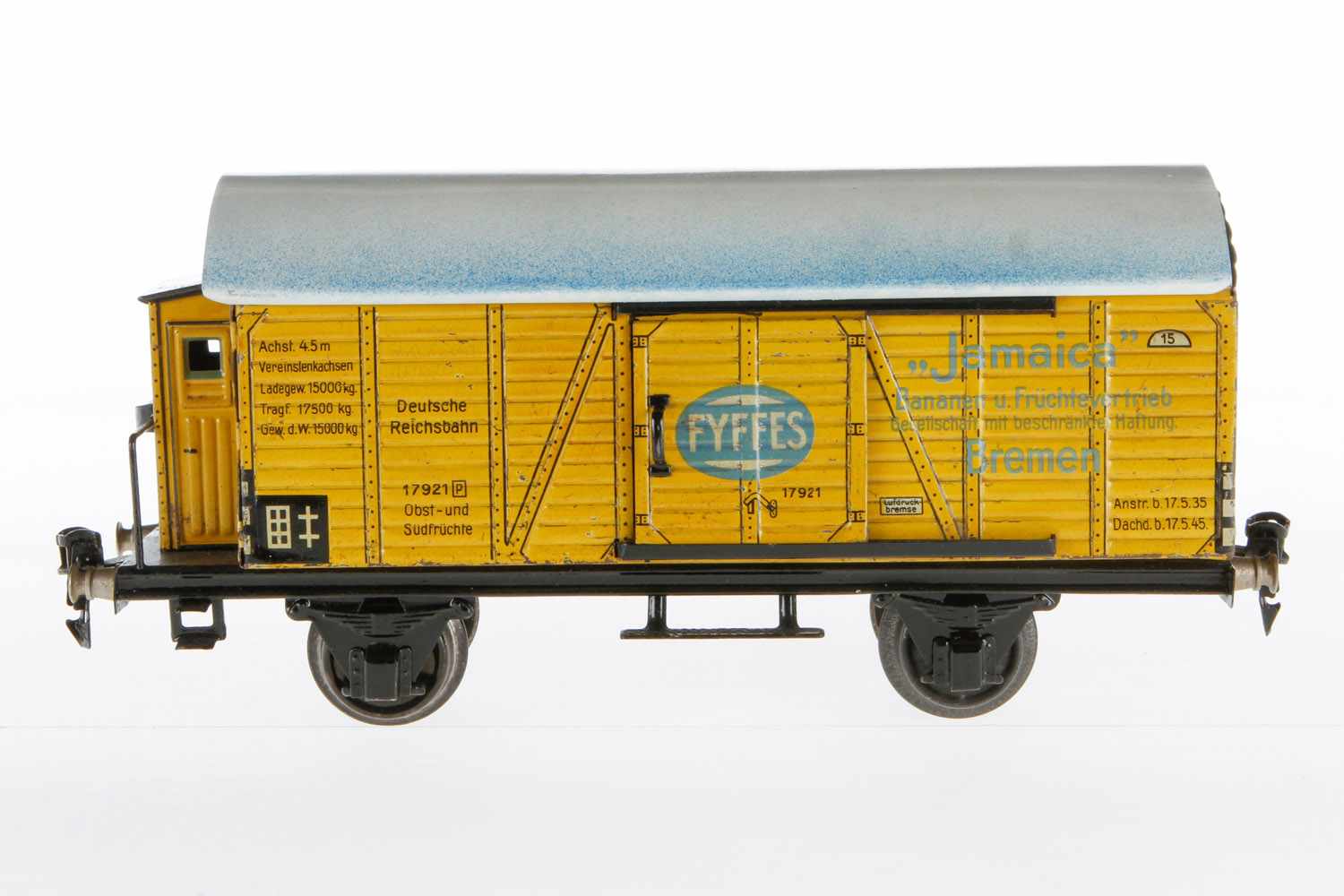 Märklin Bananenwagen 1792, S 1, CL, mit BRH und 2 ST, Dach ersetzt, LS und gealterter Lack, L 27,