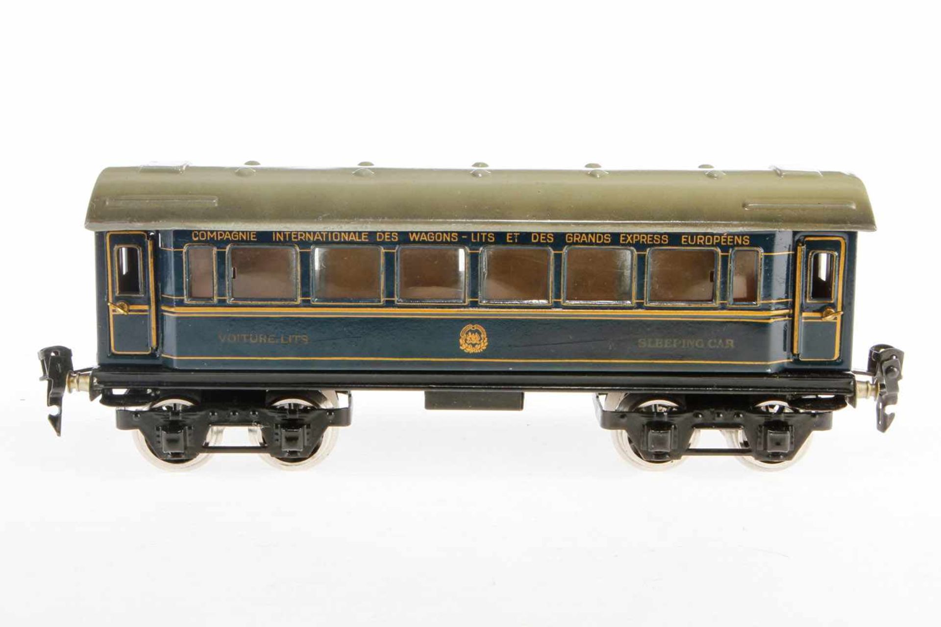 Märklin int. Schlafwagen 1757 G, S 0, blau CL, mit Inneneinrichtung, 4 AT und 3 NB-Figuren, Becker