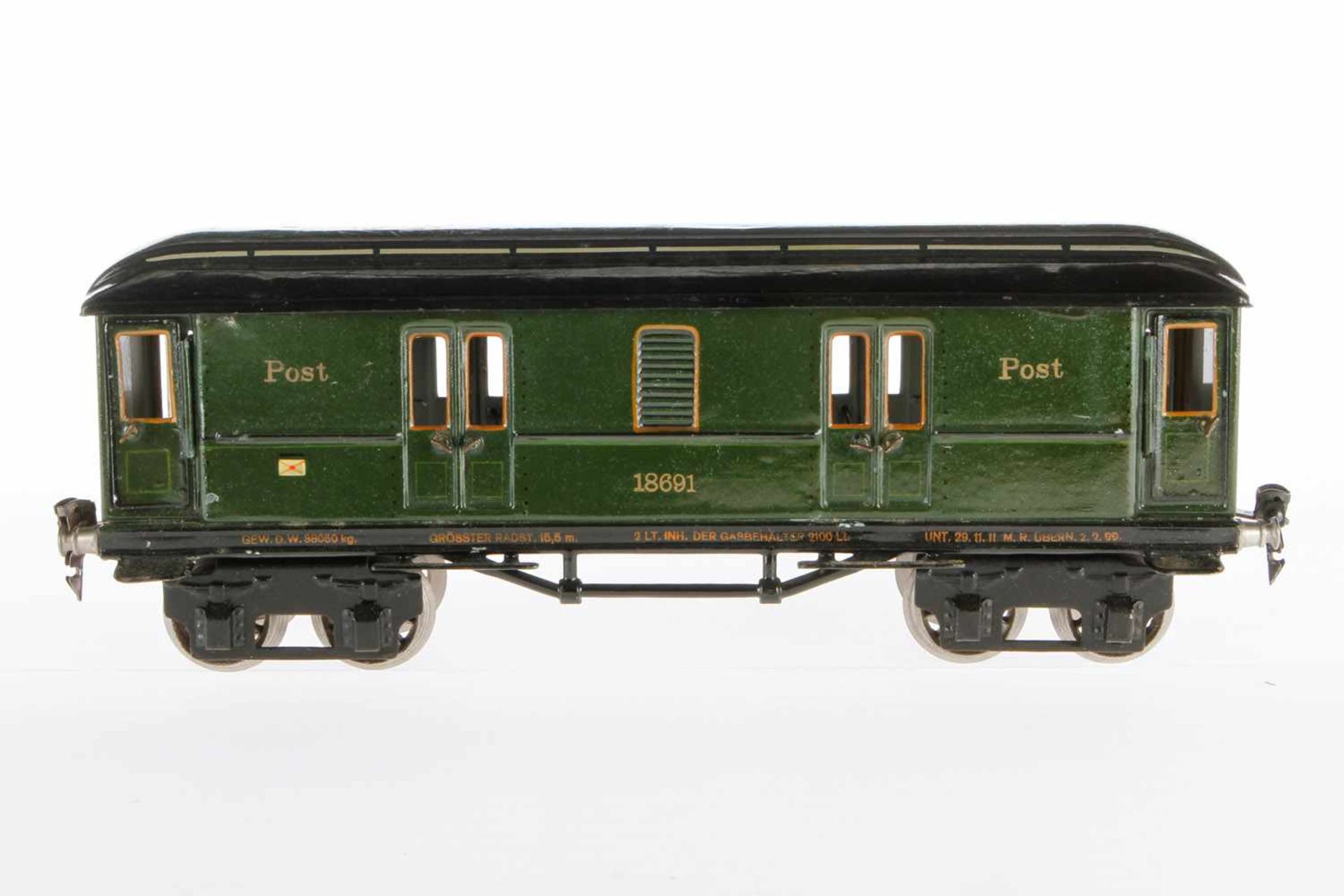 Märklin Postwagen 1869, S 1, HL, mit 4 AT und Gussrädern, LS tw ausgebessert, gealterter Lack, L 33,