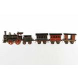 Märklin Zug, S 1, uralt, Uhrwerk intakt, HL, mit B-Dampflok 1021, Tender, 2 Personen- und 1