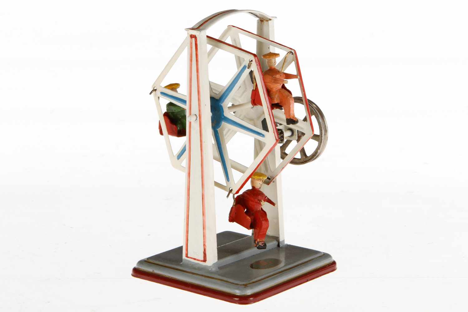 Doll Riesenrad mit drei Gondeln und drei Figuren, nachlackiert, H 14, guter Zustand