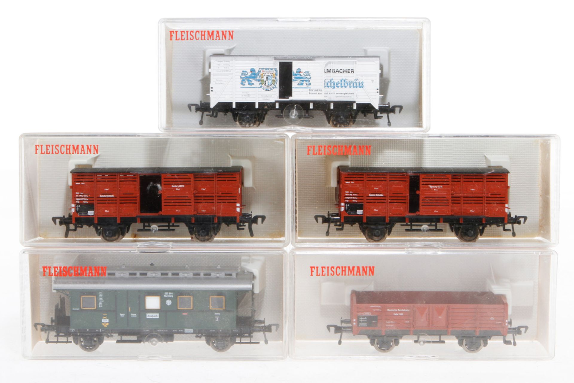 5 Fleischmann Wagen 5065, 5208, 2x 5354 und 5362, S H0, je im OK, Z 1-2